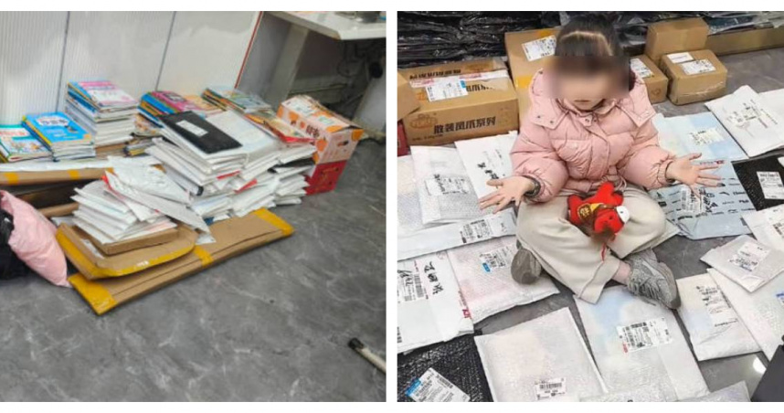 網友從全國各地寄來大量快遞，店內堆成小山，家長忙著拆收。（圖／翻攝自極目新聞）