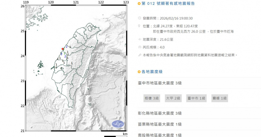台中市近海16日晚上7時發生芮氏規模4地震。（圖／中央氣象署）