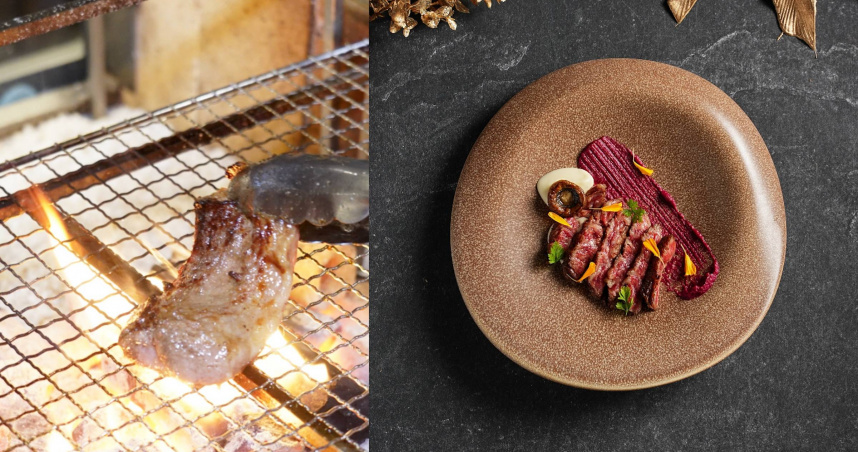 客人可透過半開放式廚房一覽直火料理過程（左），右為情人節套餐會提供的「日本A5宮崎和牛／覆盆子醬／馬鈴薯泥」。（單點550元，圖／魏妤靜攝、UCHI吾居炭火餐酒提供）