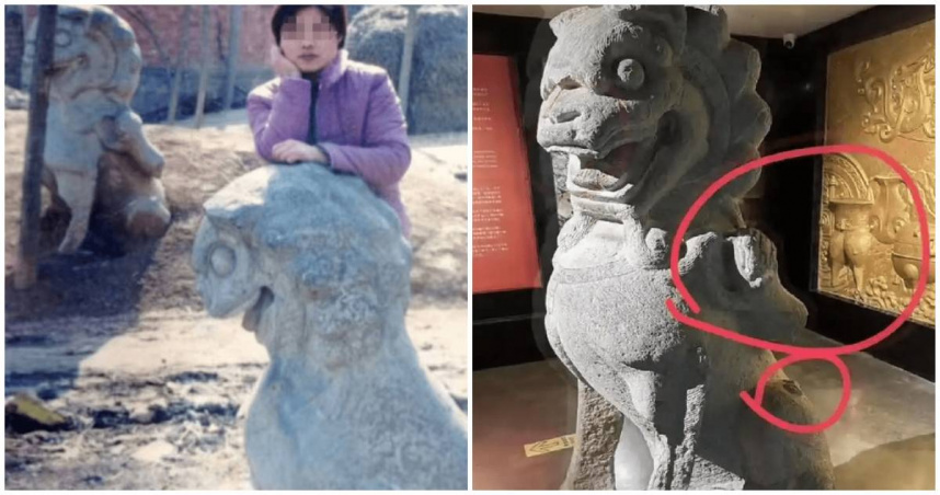 安徽宿州有一尊石獅在當地村落擺放百年，卻在17年前一夜失蹤。近日，卻有村民在江蘇一座私人博物館見到了這尊「從小爬到大」的石獅，引起風波。（圖／翻攝微博）