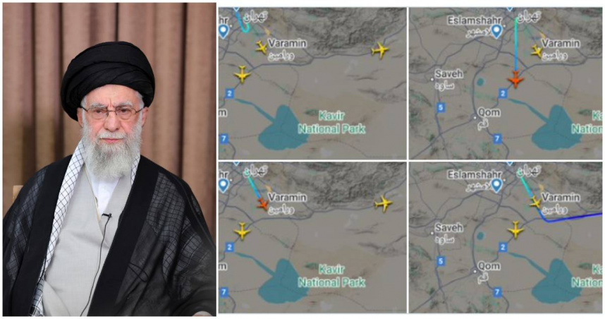 全球航班追蹤服務網站「Flightradar24」透露，早前有數架「非定期航班」的飛機從伊朗首都的德黑蘭梅赫拉巴德機場起飛，去向不明。此消息掀起現任伊朗最高領導人哈米尼已經搭機逃亡的猜測。（合成圖／達志、Ｘ／美聯社、Flightradar24）