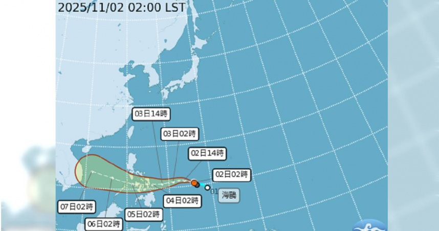 輕颱「海鷗」將西行通過菲律賓中部陸地，對台灣無直接影響。（圖／中央氣象署）