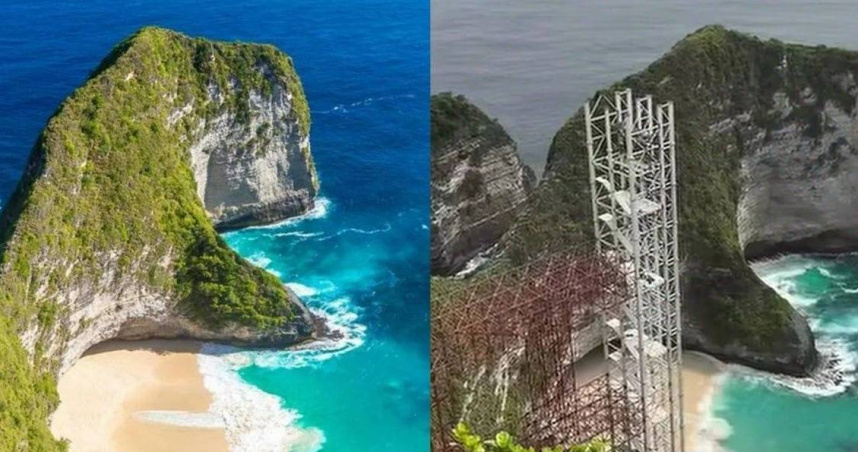 中國開發商「開世集團」在精靈海灘建造玻璃電梯的工程。（圖／翻攝自X@pendakilawas）