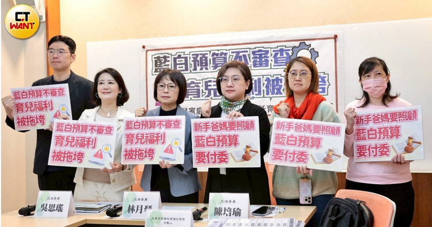 民進黨立委林月琴（左三）等人召開「國眾兩黨預算不審，民生福利先受損，生育補助加碼全落空」記者會。（圖／黃耀徵攝）