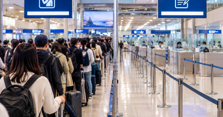 日本大阪關西國際機場入境通關情況引發討論，有台灣旅客使用VJW電子申報，卻排隊超過1小時。（示意圖／AI生成）