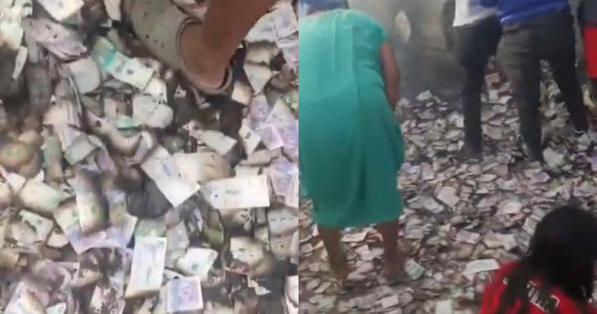 哥倫比亞（Colombia）12名歹徒將運鈔車內的鈔票劫走後，逃到當地一處小村莊，他們將大量鈔票撒了滿地，讓當地居民見狀後，紛紛上前將錢撿起來。（圖／X／@NoticieroSLV）