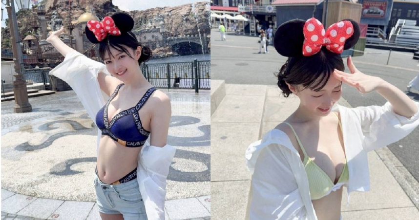日本一名正妹到東京迪士尼海洋玩，但卻以「內衣外穿」的狀態造成爭議，遊樂園官方也表示，違反公共秩序和善良風俗的人園方可拒絕其入園，或進場後被發現又屢勸不聽的則可能被請離園區。（圖／翻攝自X／uta_0609）
