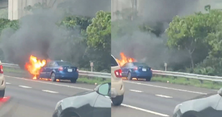 國道一號南下37.5K路肩23日發生火燒車事故。（圖／民眾提供）