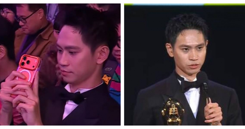 *Andy老師獲獎時語帶哽咽，感謝支持他的家人與粉絲。導播鏡頭捕捉Andy手持iPhone 17，引發粉絲熱議「他終於有錢換手機了」。（圖／翻攝自YouTube走鐘獎頒獎典禮）