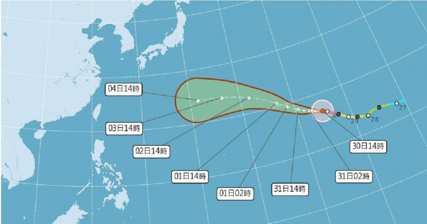 中央氣象署預測強烈颱風白海豚路徑圖。（圖／中央氣象署）