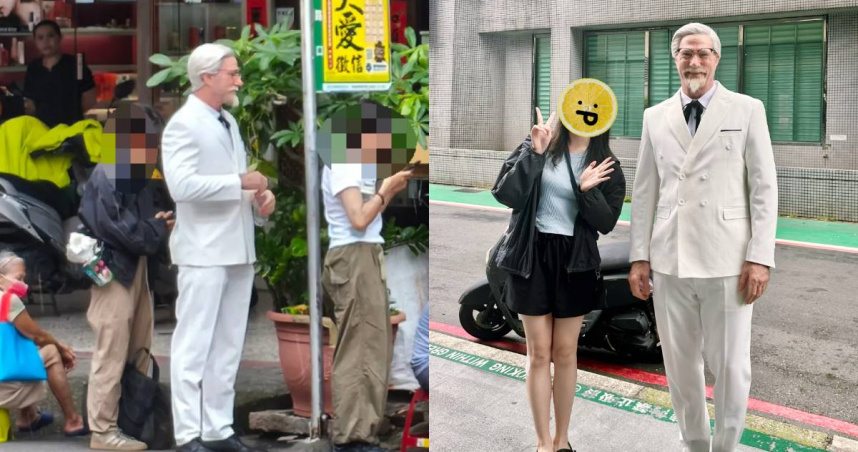 彰化蛋黃酥名店「不二坊」出現神似「肯德基爺爺」的白西裝男子。（圖／翻攝自Threads／@cheng_cw725、@89_star）