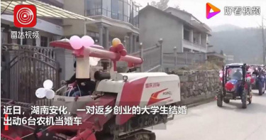 大學生畢業返鄉辦婚宴…「插秧機」當禮車 新娘甜笑:代表「有付出,便有收穫」