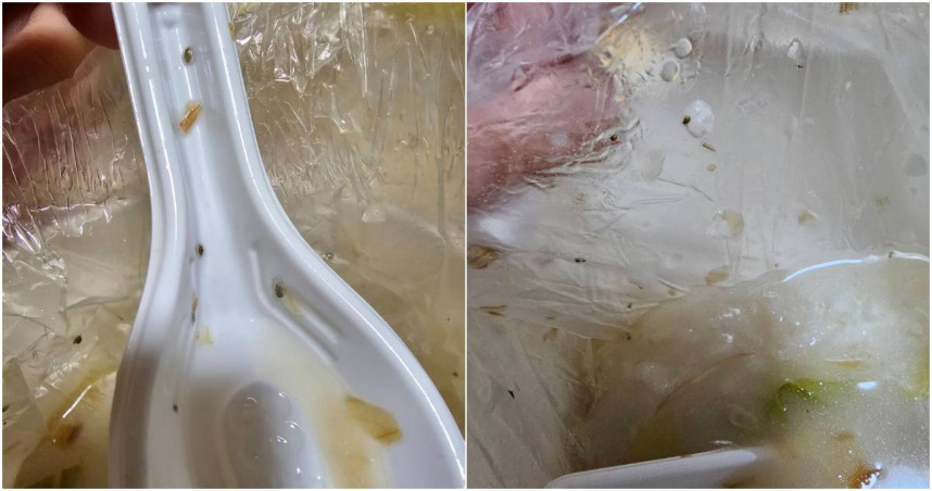 一名女網友日前透過外送平台，向北市知名餐廳「享之饌 台南虱目魚」錦西店，點了2碗虱目魚粥，怎料打開餐點享用時才發現，整碗粥布滿黑色點點，仔細一看竟驚覺，原來全部都是蟲。（圖／擷取自Facebook／爆料公社）