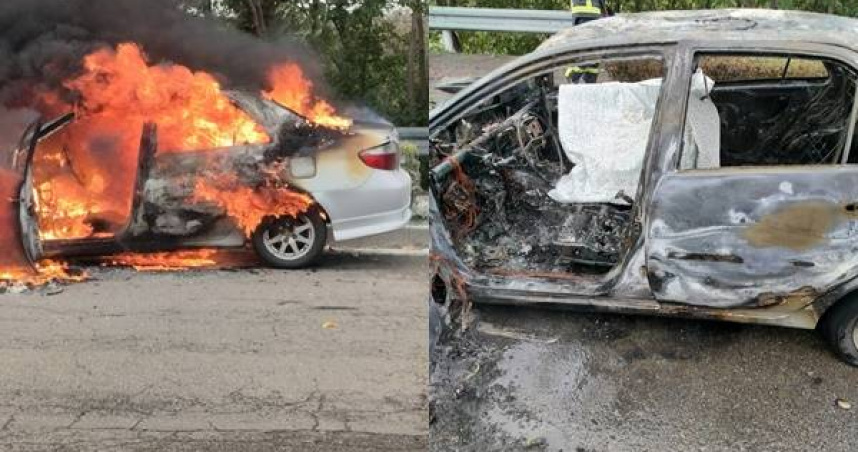 台中后里區九甲六路5日下午發生一起嚴重火燒車事故，造成副駕駛座的女子逃生不及，慘成焦屍。(圖／翻攝畫面)