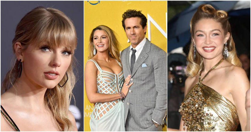 由左至右為流行天后泰勒絲、好萊塢明星布蕾克萊芙莉及萊恩雷諾斯、超模吉吉哈蒂。（圖／達志／美聯社）