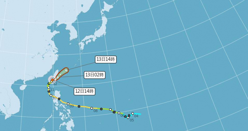 今年第26號輕度颱風「鳳凰」今天（12日）上午10時位於鵝鑾鼻西南西方140公里處，預估晚間在恆春半島一帶登陸。（圖／氣象署）
