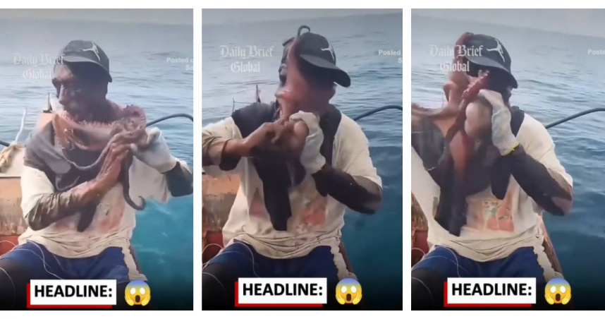 漁夫成功將章魚移除後，臉部仍布滿吸盤痕與墨汁。（圖／翻攝自IG，Daily Brief Global）