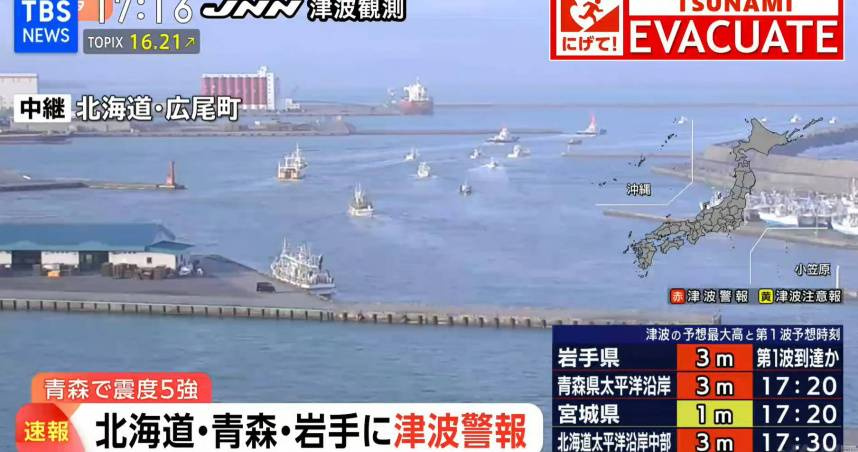 日本青森縣外海發生規模7.7地震，日本氣象廳也對岩手與北海道沿岸發布海嘯警報。（圖／翻攝自YT， TBS NEWS DIG Powered by JNN）