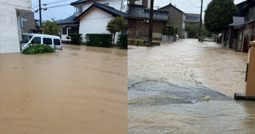 日本北陸地區遭遇破紀錄豪雨，日氣象廳向福井縣3市發布最高等級警報。（圖／翻攝X，@sawachin0821、@______Krmt_K）