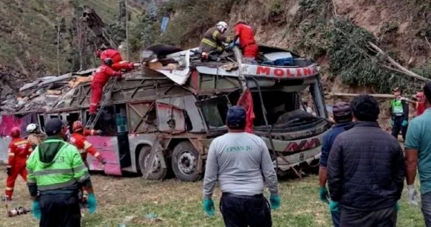祕魯一輛巴士行駛時突然失控翻覆，造成18人死亡、48人受傷。（圖／翻攝自X／@sociedadmedia）