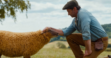 休傑克曼在《綿羊偵探團》中飾演一名牧羊人，每天晚上都會朗讀偵探小說給他心愛的綿羊聽。（圖／索尼提供）