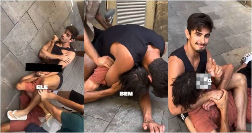 巴塞隆納一名搶匪在當街行搶後，遇到一對來自巴西的柔術高手兄弟，被足以致命的「鎖喉技」撂倒在地。（圖／翻攝IG／gabrielsouzag_）