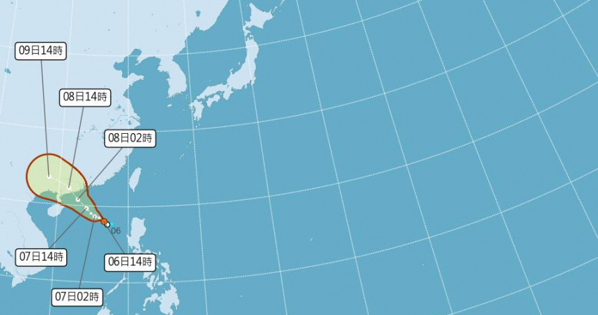 氣象署表示，熱帶低壓TD19預估最快明天（7日）清晨增強為颱風「塔巴」。（圖／氣象署）