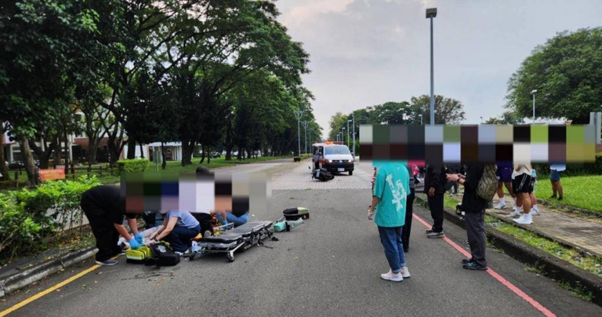 屏東科技大學校內及周邊道路時聞車禍發生，10月1日有學生在校內彎道不慎外拋，先擦撞分隔島後噴飛，再撞擊分隔島上燈柱，送醫不治。（屏東縣警察局提供／羅琦文屏東報導）