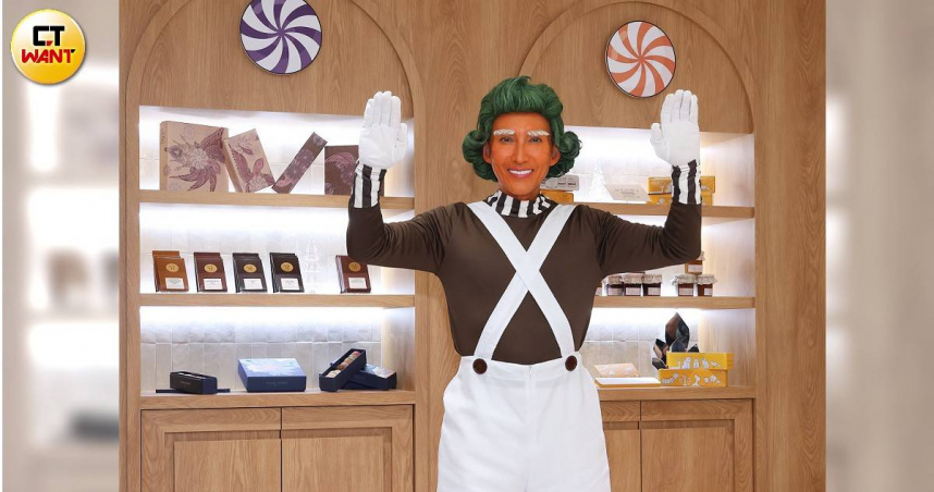 潘若迪出席巧克力專賣店舉辦的萬聖節活動，特別以電影《旺卡》中修葛蘭飾演的「歐帕倫普人」造型現身。（圖／楊澍攝）