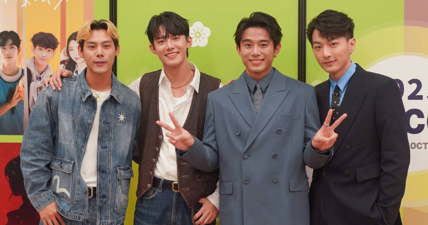 各務孝太（左起）、余杰恩、初孟軒、鍾岳軒《向流星許願的我們》四位主演首次亮相 2025 東京國際影視展（TIFFCOM）台灣館現場。（圖／有意思國際傳媒）