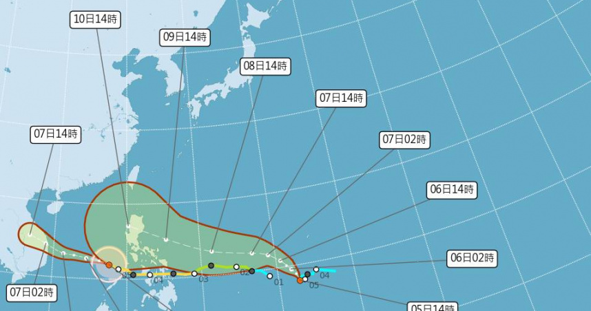 熱帶性低氣壓TD29今天（5日）上午8時中心位於鵝鑾鼻東南東方2860公里處。（圖／氣象署）