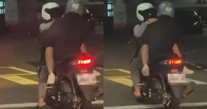 女乘客面向騎士反向跨坐在騎士腿上行駛於道路，誇張雙載方式引發網友熱議與安全疑慮。（圖／翻攝畫面）
