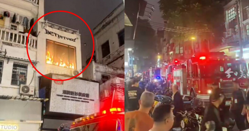 商店2樓螢幕播放動態火焰畫面，附近居民以為發生火災，事後才發現是虛驚一場。（圖／翻攝自微博）