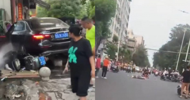 海南儋州傳出重大車禍，一輛黑色賓士失控衝撞路人後撞進超市，網傳至少3人死亡。（圖／翻攝自X）