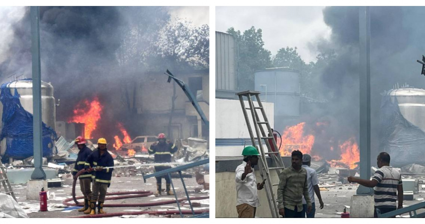 爆炸引發大火吞噬整棟廠房，造成嚴重傷亡與建物倒塌。（圖／翻攝自X）