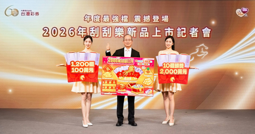 台灣彩券公司今年推出5款刮刮樂新品，最受矚目的新春限定年度最高頭獎「2,000萬超級紅包」，每張售價新臺幣2,000元。（圖／台彩提供）