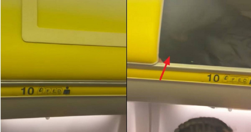 國外一名疑似是網紅的男子搭乘愛爾蘭廉航瑞安航空時，躲進機艙頭頂的行李架內，聲稱為了省機票錢，但很快被發現，相關畫面在網上曝光後引發熱議。（圖／翻攝自TikTok／gaetanino97）