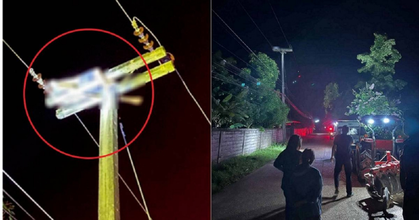 泰國一名36歲男子爬上高壓電塔被電死，頭身分離墜地，嚇壞當地居民。（圖／翻攝自泰網）