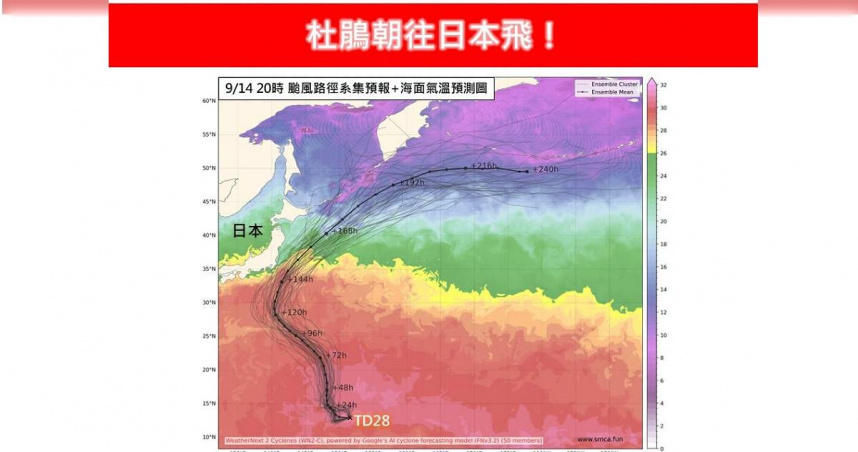 關島附近熱帶性低氣壓TD28持續發展，最快今、明2天（15日、16日）增強為颱風「杜鵑」。（圖／翻攝自Facebook／林老師氣象站）