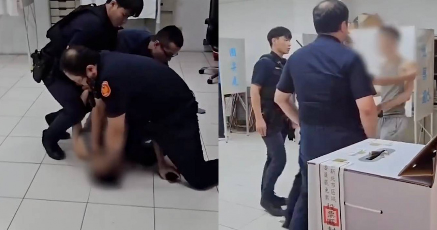 中和男子破壞票匭，遭警方現場壓制逮捕。（圖／翻攝畫面）