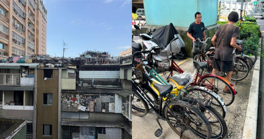 8旬高姓老翁除了在公寓屋頂囤積大量雜物外，還將來源不明的腳踏車堆放在台65線下方停車格附近。（圖／新北市工務局、吳佳擇臉書）