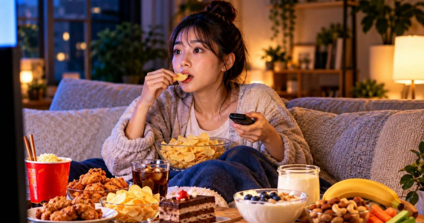 晚上追劇，肚子突然餓了，吃不吃宵夜，難以抉擇。（AI示意圖）