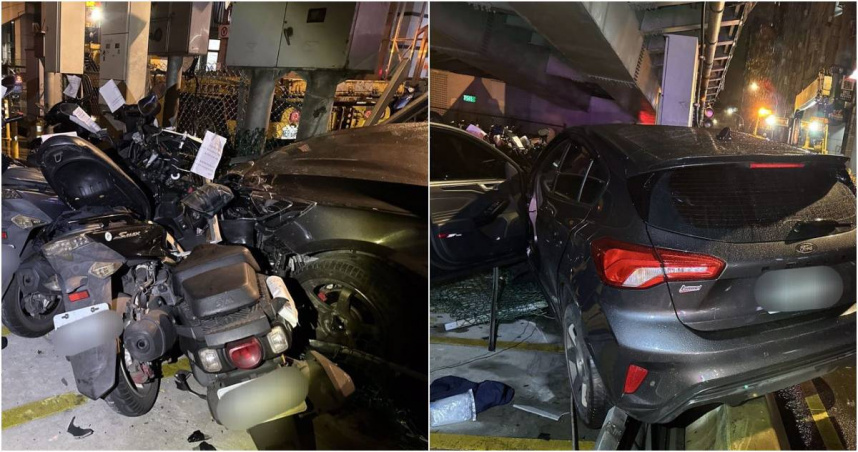 本月6日凌晨，新北市中和區發生一起駕車事故。一輛轎車疑似因為天雨路滑，失控撞進台64線快速道路下方的委外停車場，造成17台機車及停車場外側圍欄毀損。警方獲報抵達後，才發現駕駛是一名未成年少年。（圖／翻攝畫面）