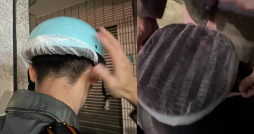 GoShare頭套是套在安全帽上。（圖／Threads@pei_ru_0809授權提供）