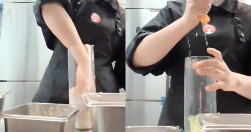 女店員徒手攪拌奶茶拍影片PO上網，遭到公司辭退。（圖／翻攝自抖音）