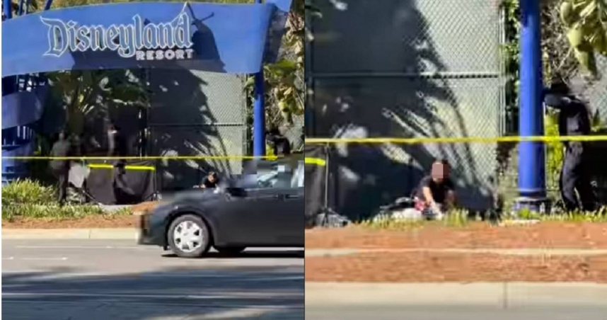 有美國民眾在加州迪士尼樂園度假區（Disneyland Resort）入口附近發現一名男子遺體，警方在現場拉起黃色封鎖線。（圖／翻攝自Instagram／california_chisme）