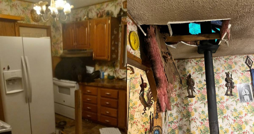 美國肯塔基州（Kentucky）當地一處民宅，21日凌晨有一隻黑熊從天花板上掉下來，呆坐在廚房爐子上。（圖／FB／Kentucky Fish and Wildlife Law Enforcement）