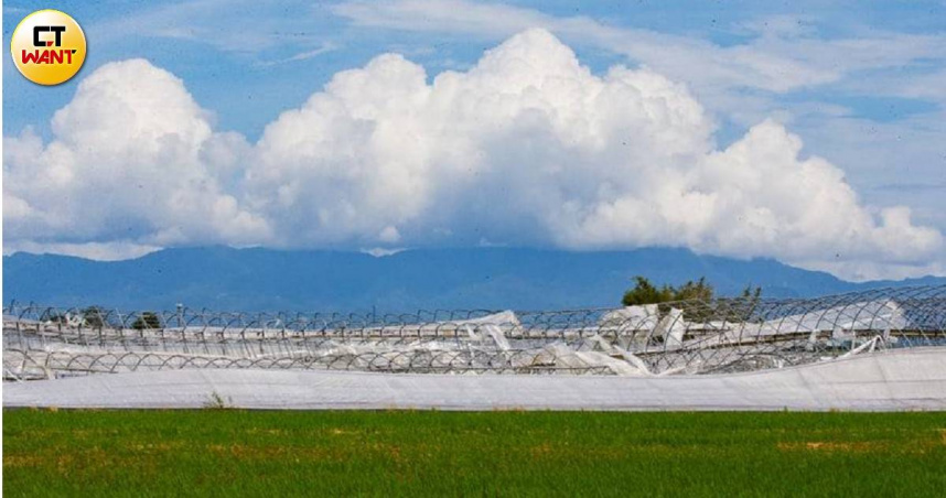 丹娜絲颱風（Typhoon Danas）重創嘉南平原，不少溫室被無情摧毀，重建預估需新台幣百萬元起跳。（圖／黃威彬攝）