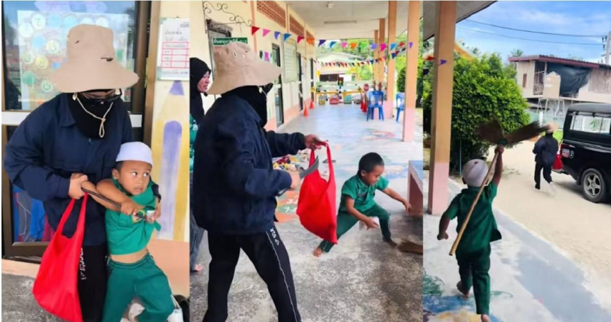 泰國一間幼兒園安全演習，園內一名小男童的反應萌暈一票網友。（圖／翻攝自TikTok／salisa.ll）