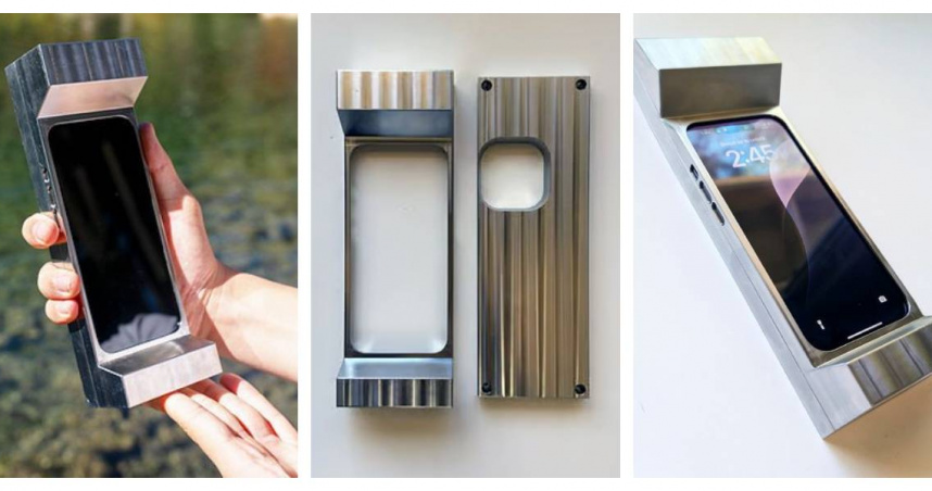 重達6磅（約2.7公斤）的鋼製手機殼外觀，靈感來自1980年代的磚塊手機。（圖／翻攝自X，@designboom）